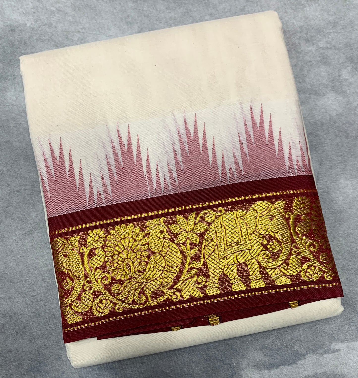 Korvai Cotton Dhoti Half White Colour with Maroon and Green Border