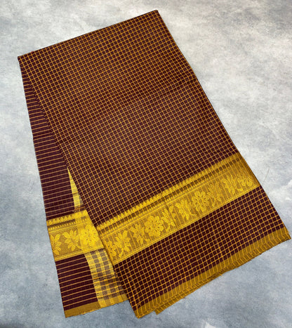 Chettinad Cotton Saree Brown Colour with Golden Colour Border