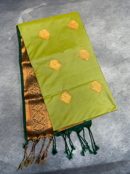 Soft Vegan Silk Saree Lime Green Colour with Green and Copper Border