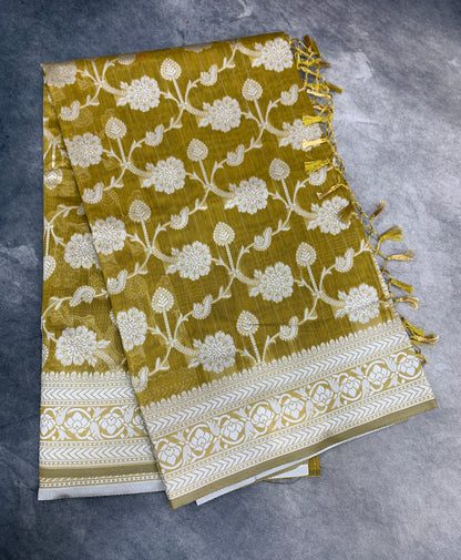 Banaras Katan Saree Pasi Payaru Green Colour with Katan Work Border