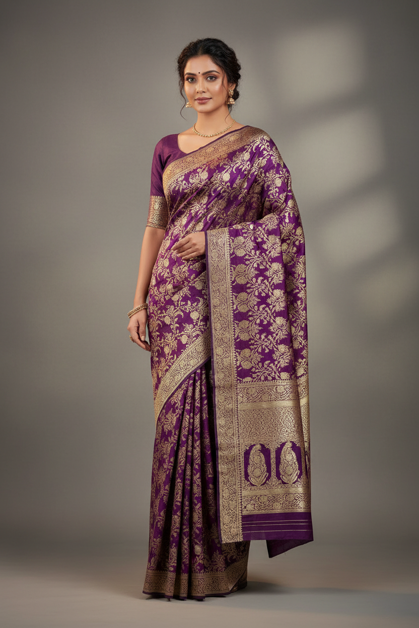 Pure Banaras Silk Saree Purple Colour with Self Colour Banarasi border