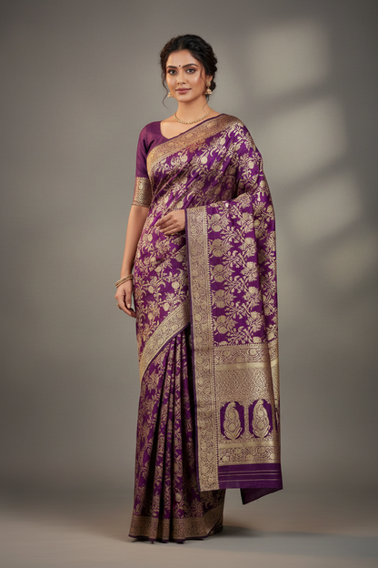 Pure Banaras Silk Saree Purple Colour with Self Colour Banarasi border