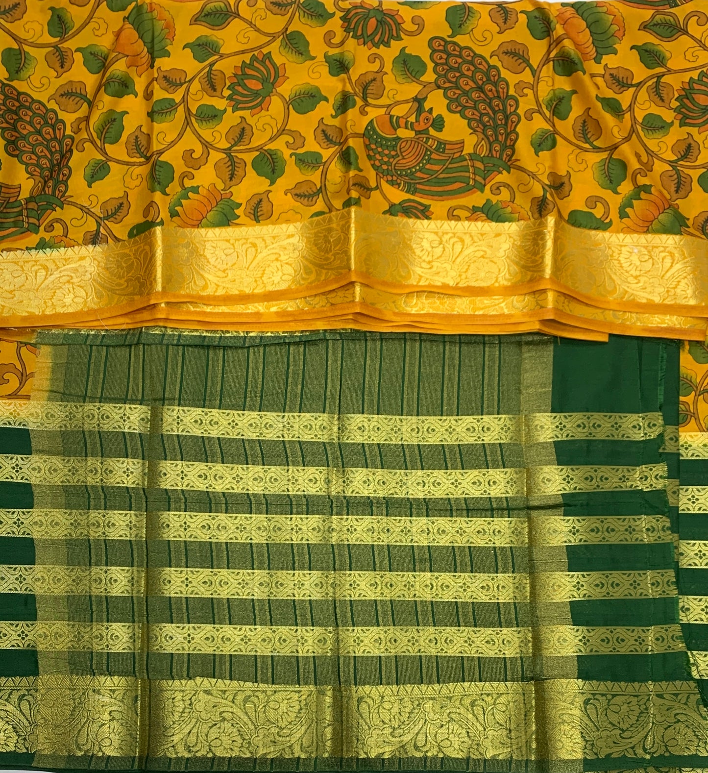 Crepe Saree Golden Yellow Colour with Big Green Border