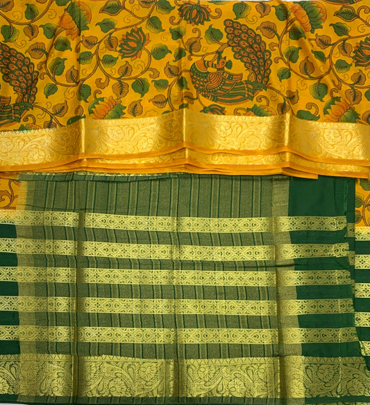 Crepe Saree Golden Yellow Colour with Big Green Border