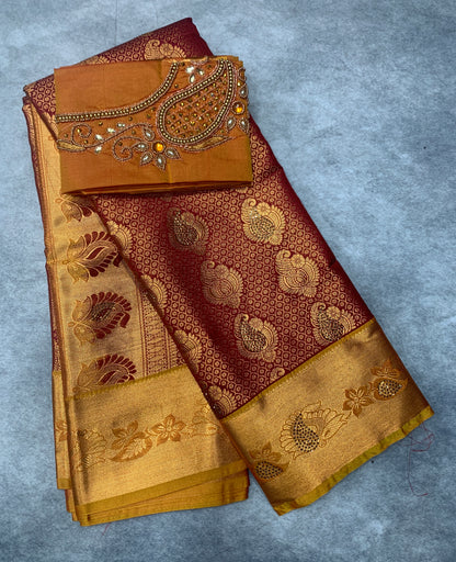 Bridal Vegan Silk Saree Maroon shade with Golden Yellow Border with Unstitched blouse in Aari Work