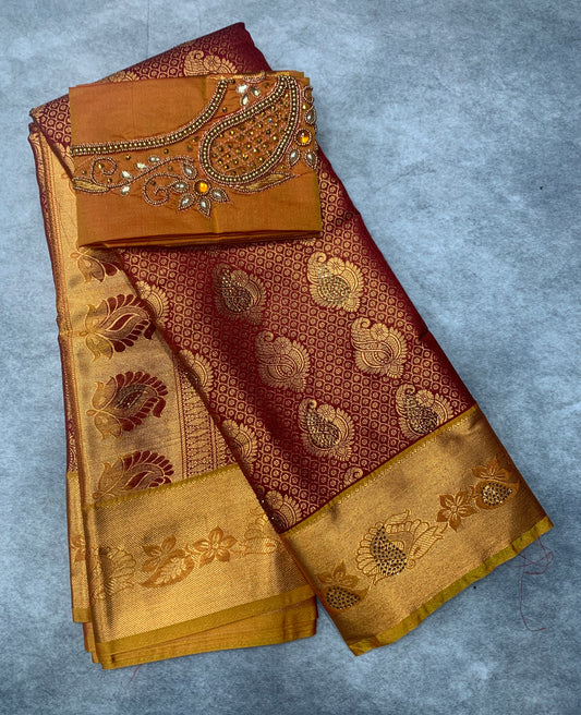 Bridal Vegan Silk Saree Maroon shade with Golden Yellow Border with Unstitched blouse in Aari Work