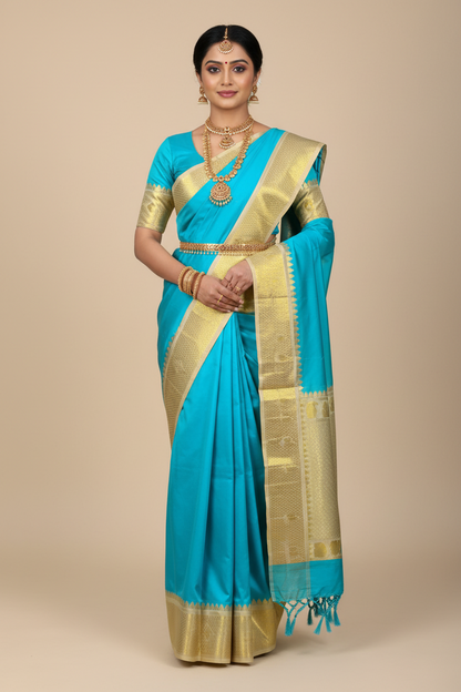 9 yards Pure Kanchipuram Silk Saree Sapphire Blue Colour with Biscuit and Golden Zari Border