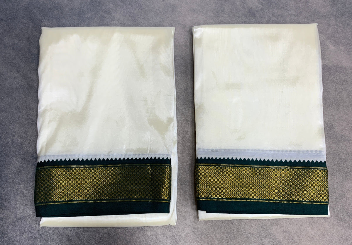 Art Silk Dhoti 8X4 Cream with Small Ganga Jamuna(Green/ Maroon) Border