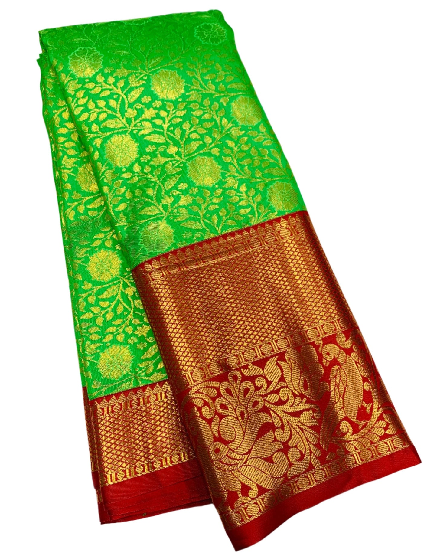 Apple Green Colour Semi Silk Saree with Big Red Border