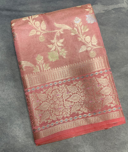 Meenakari Banaras Tissue Silk Saree Peach Pink Colour