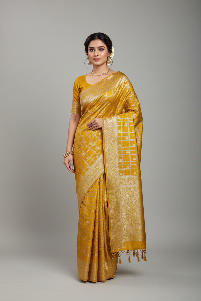Soft Silk Casual Saree Mustard Colour with Sliver Colour Floral Design Border