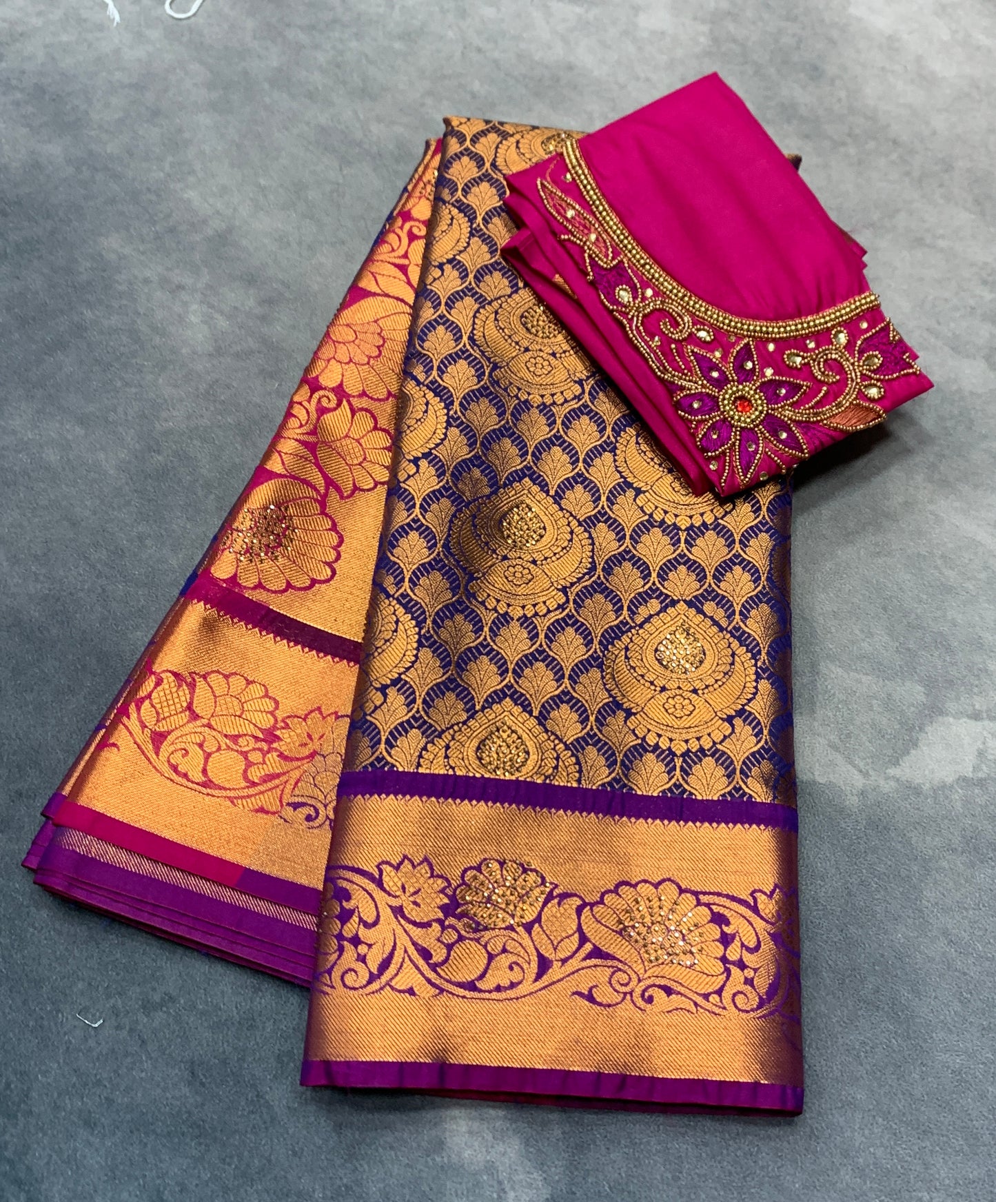 Bridal Vegan Silk Saree Blue Colour with Pink Border with Unstitched blouse in Aari Work