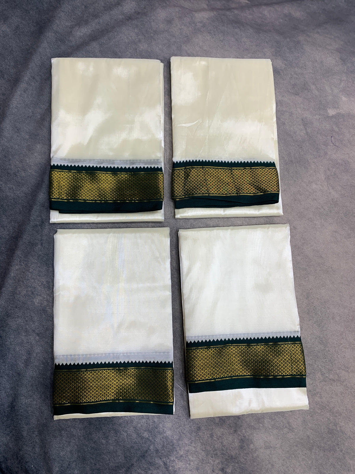 Art Silk Pooja Towel Cream with Small Ganga Jamuna(Green/ Maroon) Border - Pack of 4