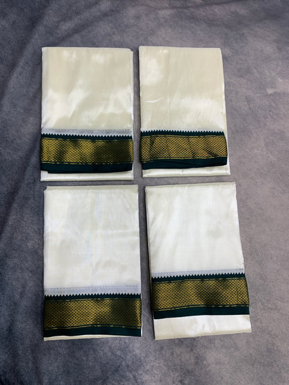 Art Silk Pooja Towel Cream with Small Ganga Jamuna(Green/ Maroon) Border - Pack of 4