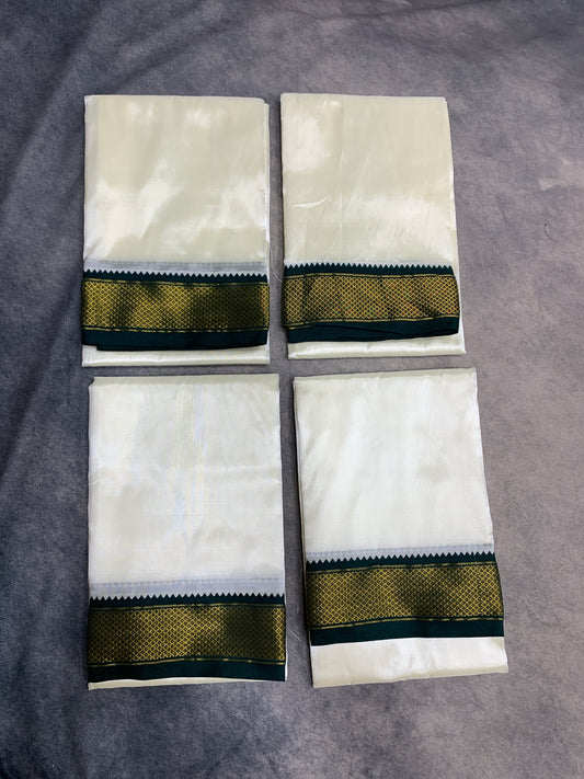 Art Silk Pooja Towel Cream with Small Ganga Jamuna(Green/ Maroon) Border - Pack of 4