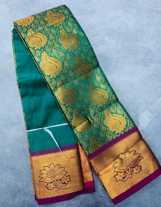 Vegan Silk Saree Rama Green Colour with Copper and Magenta Border