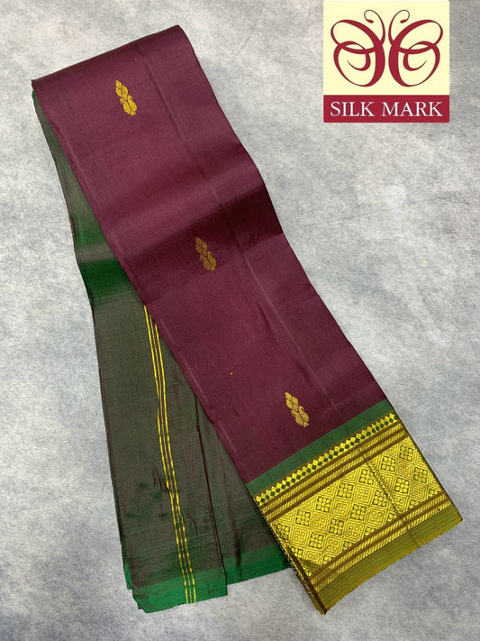 Pure Kanchipuram Silk Saree Dark Wine Colour Shade with Olive Green Border
