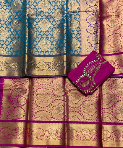 Bridal Vegan Silk Saree Rama Blue Colour with Pink Border with Unstitched blouse in Aari Work