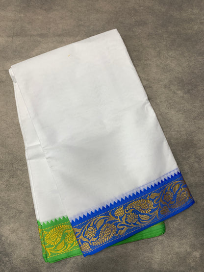 9X6 Cotton Dhoti White Colour with Blue and Light Green Border with Angavastram