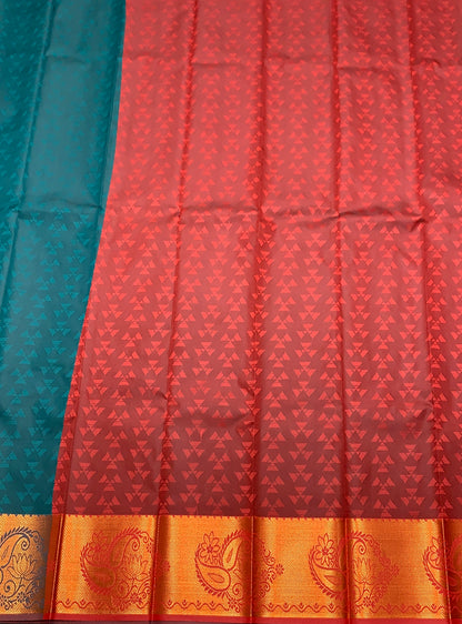 Synthetic Cotton Saree Rama Green Colour with Copper Floral and Mango Design Border