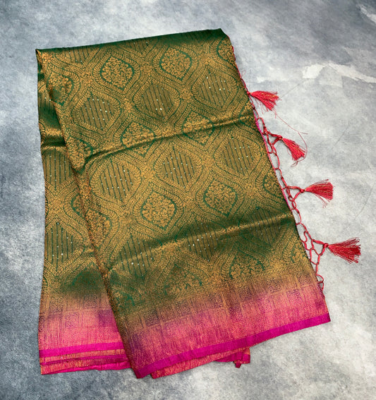 Soft Silk Saree Green Colour and Stone Work with Pink Colour Pallu