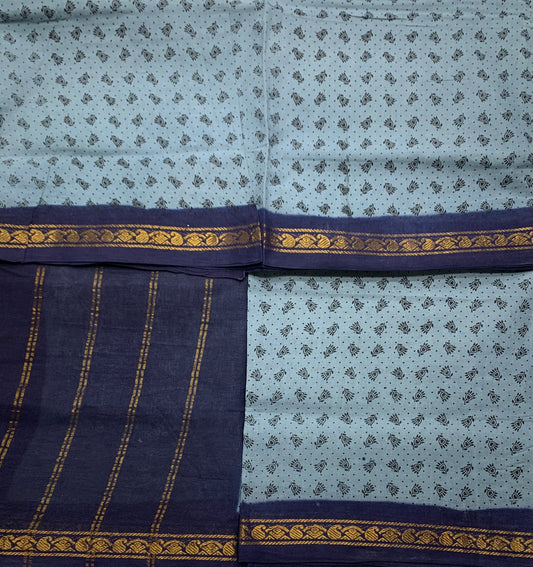 9 yards Cotton Saree Gray Colour with Navy Blue Border