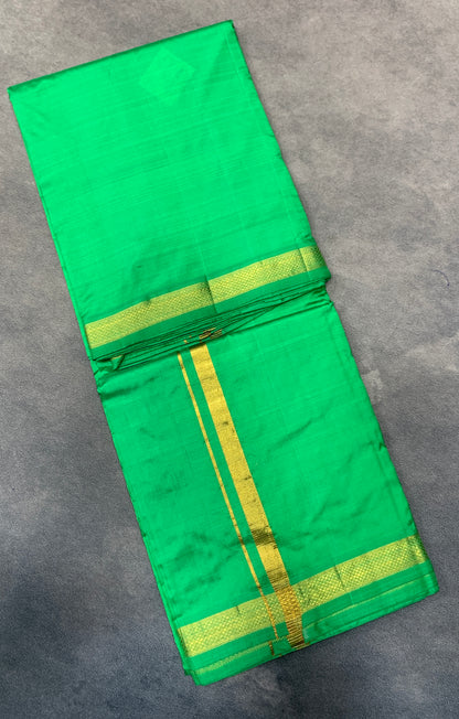 9X5 Pure Silk Dhoti Parrot Green Colour with Small Golden Zari Border