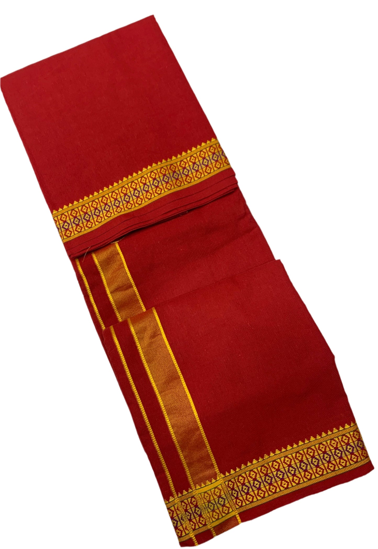 9X5 Cotton Red Colour with Red & Blue Diamond Border