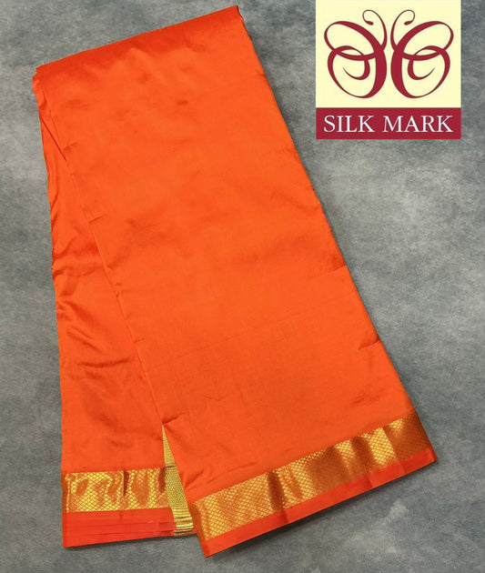 9X5 Pure Silk Orange Colour Dhoti with Golden Zari Border
