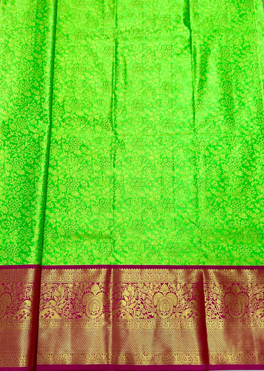 Apple Green shade Vegan Silk Kids Pattu Pavadai with Contrast border for age above 10 years