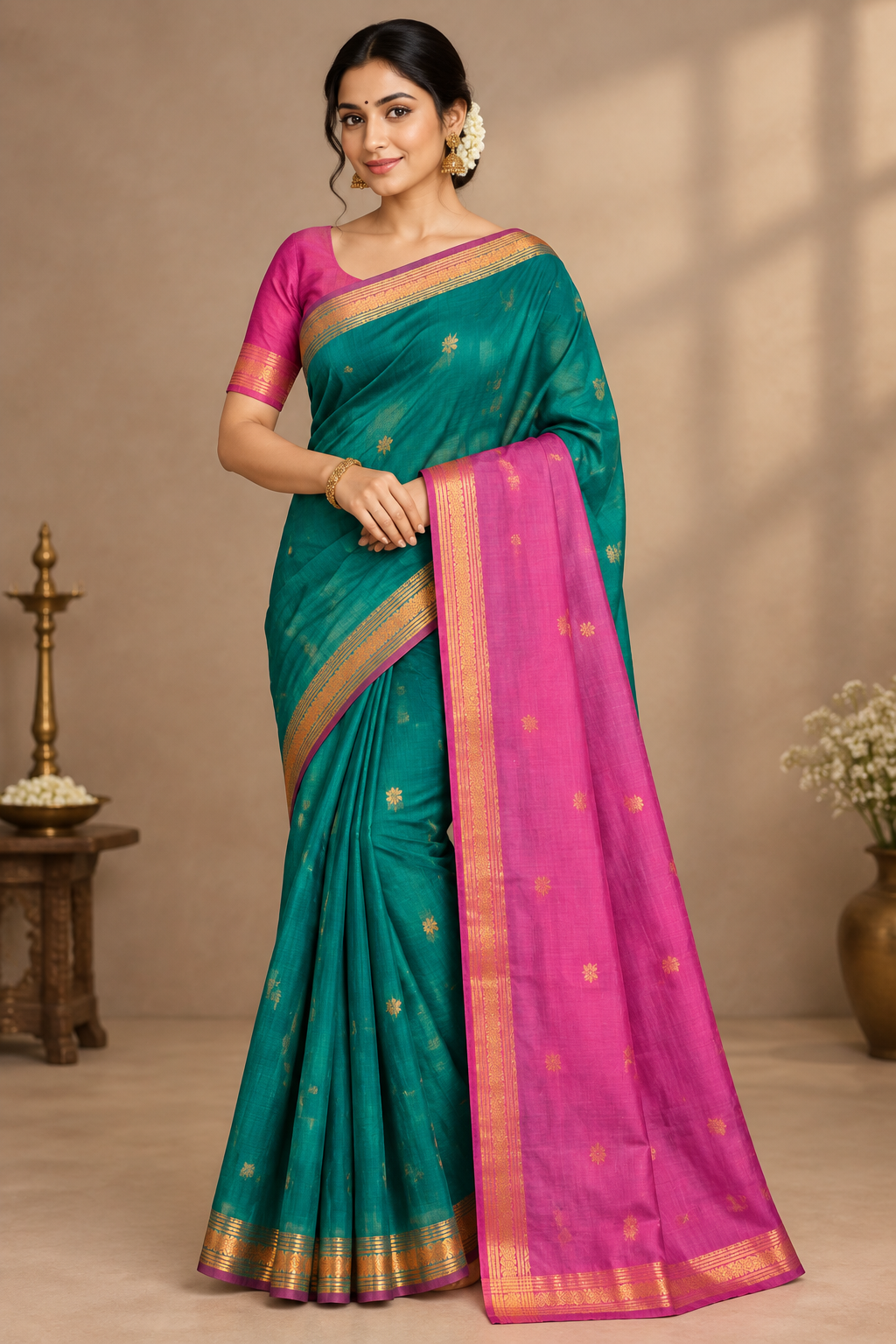 Rama Green Colour Silk Cotton Saree with Copper Zari Border