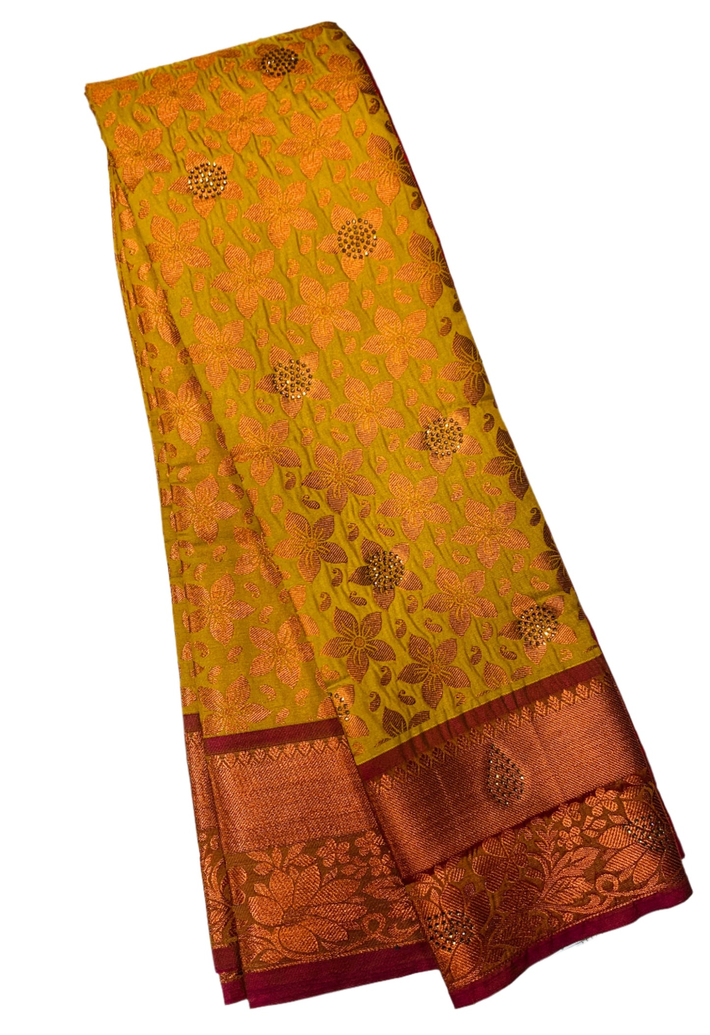 Vegan Silk Saree Yellow Colour with Copper and Brown Border