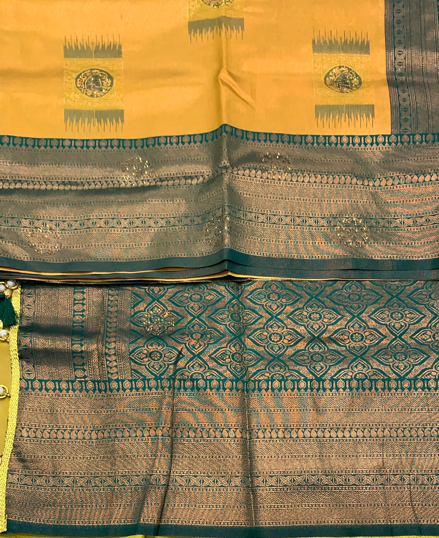 Art Silk Saree Mustard Colour and Stone Work with Green Border