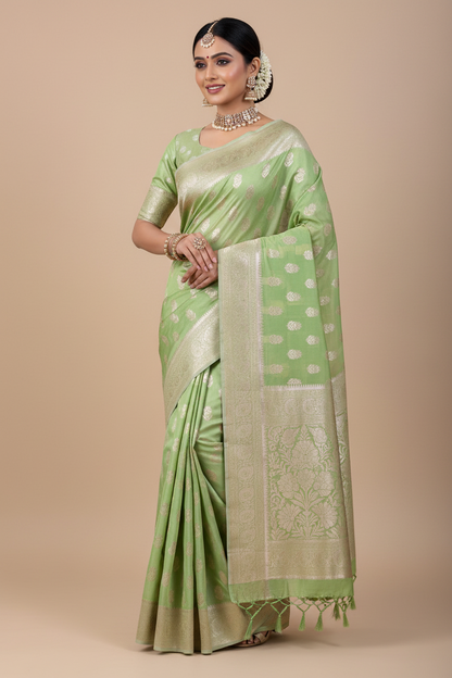 Banaras Katan Saree Light Green Colour with Katan Work Border