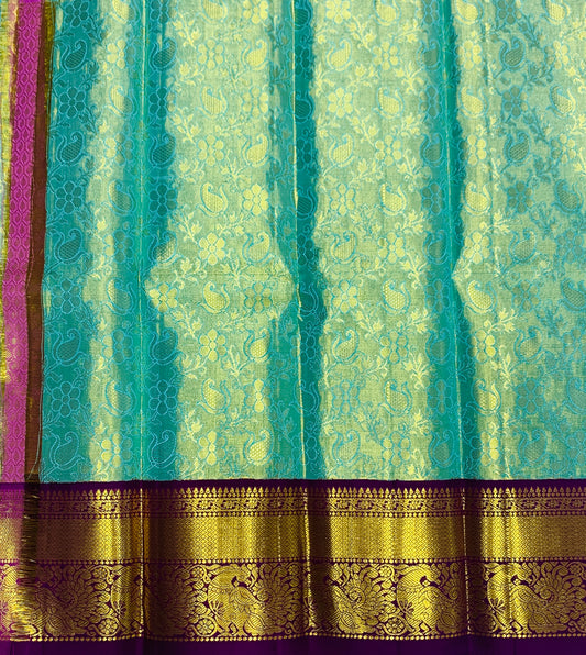 Sapphire shade Pure kanchipuram Kids Pattu Pavadai with contrast border for newborn to 2 Years