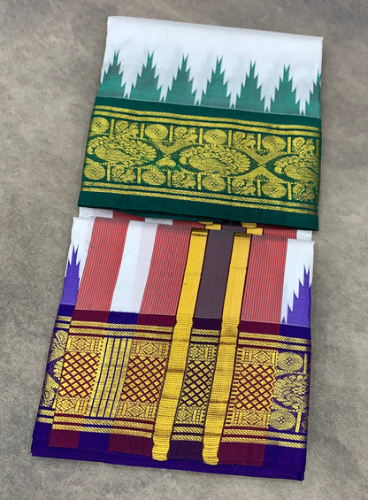 6 Mulam Silk Pooja Towel White Colour with Ganga Jamuna Korvai Border