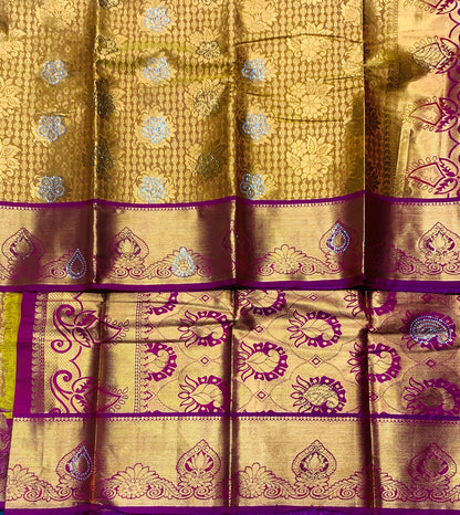 Vegan Silk Saree Mustard Colour with Copper and Pink Border