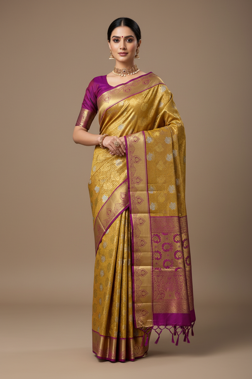 Vegan Silk Saree Mustard Colour with Copper and Pink Border
