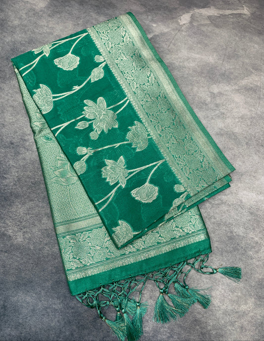 Soft Silk Casual Saree Rama Green Colour with Sliver Colour Border