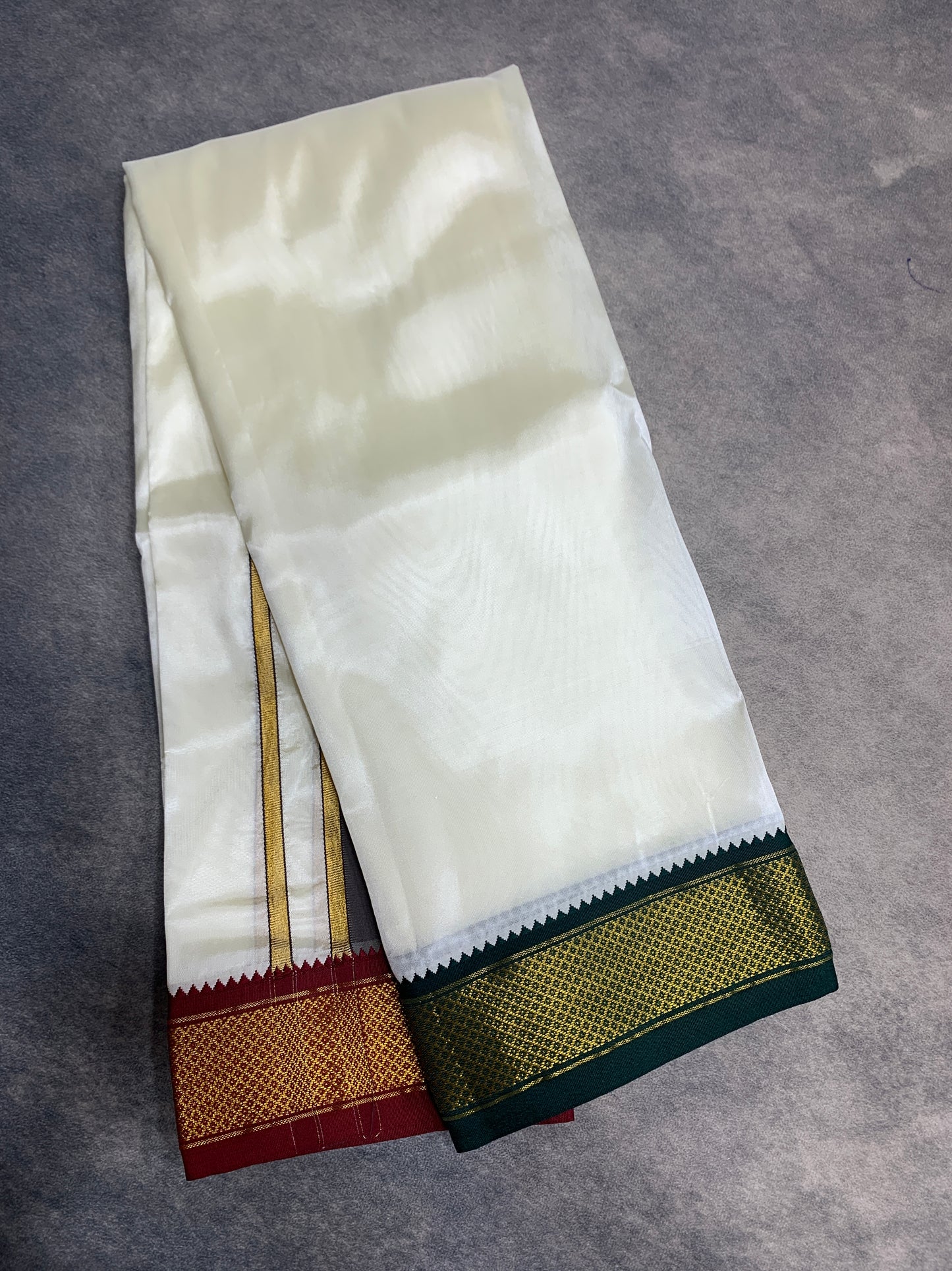Art Silk Dhoti 8 Mulam Cream with Medium Ganga Jamuna (Green/ Maroon)Border
