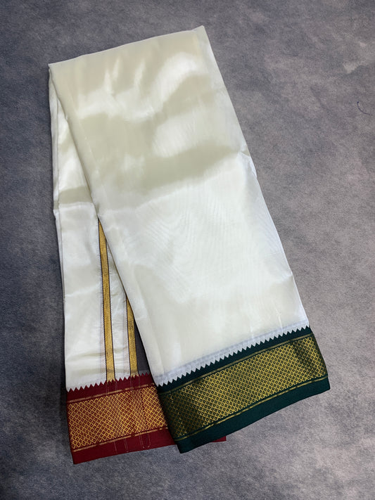 Art Silk Dhoti 8 Mulam Cream with Medium Ganga Jamuna (Green/ Maroon)Border