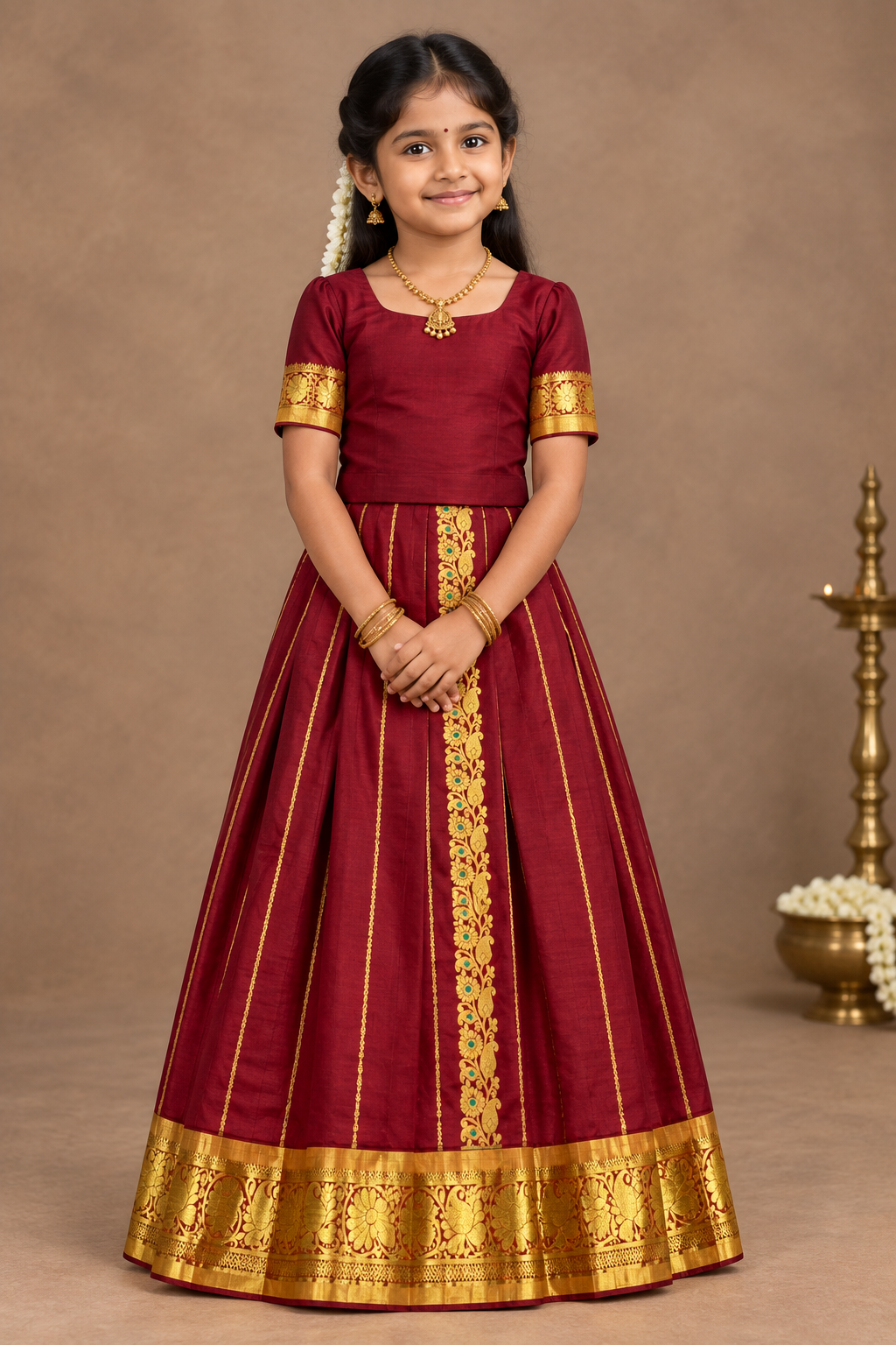 Maroon shade Semi Silk Kids Pattu Pavadai with Contrast border for age above 10 years