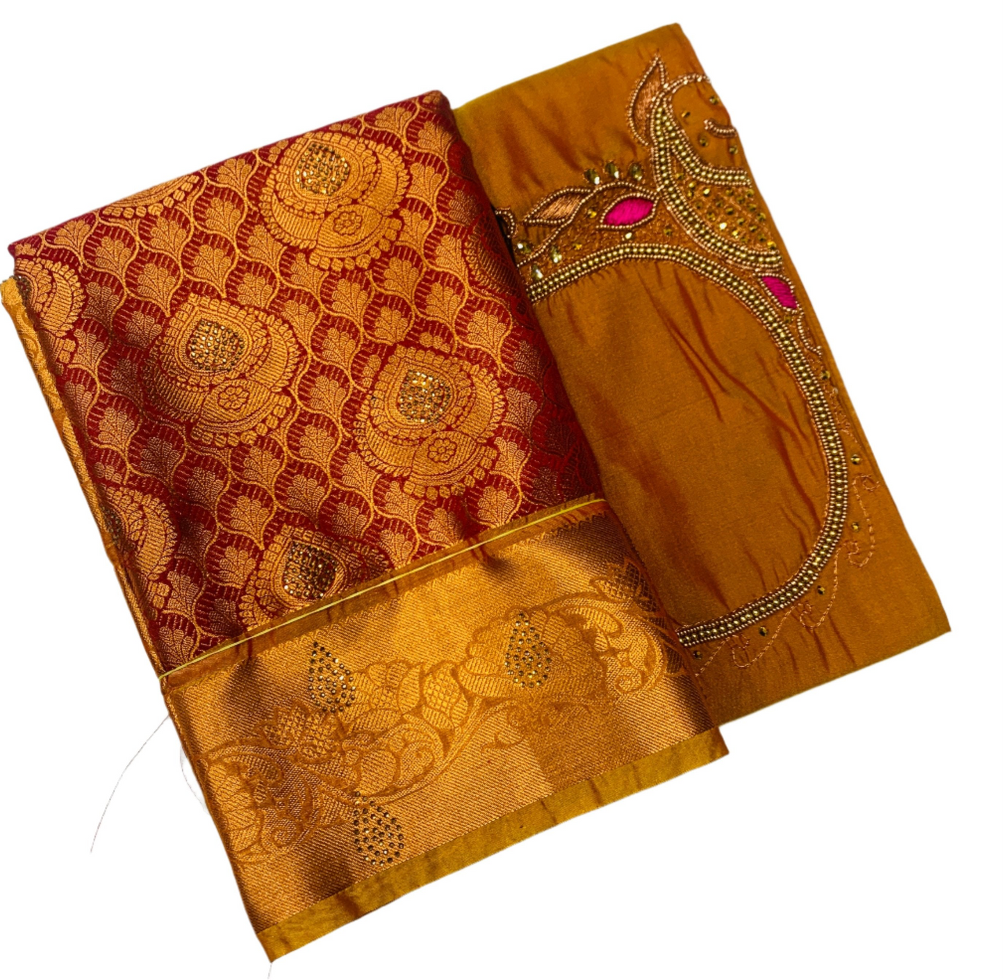 Bridal Vegan Silk Saree Maroon shade with Mustard Border with Unstitched blouse in Aari work