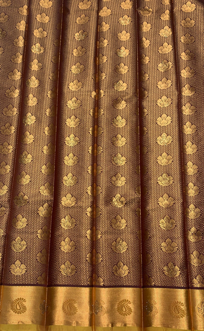 Vegan Silk Saree Brown Colour with Copper and Mustard Border