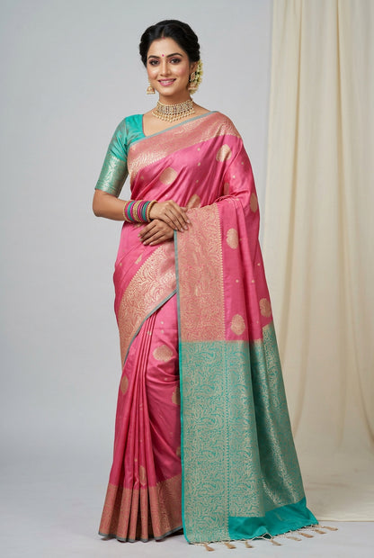 Art Silk Saree Tomato Pink Colour with Sliver Zari Border