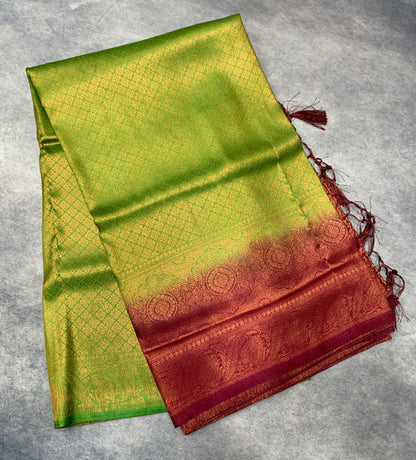Soft Silk Saree Olive Green Colour with Brown Colour Pallu