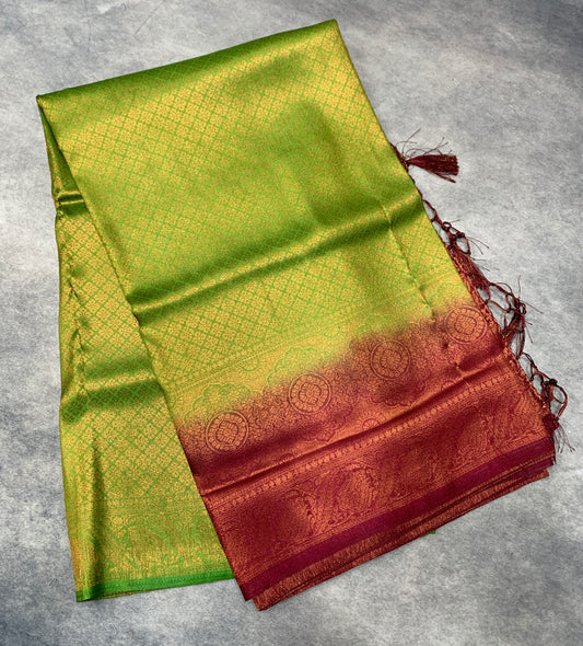 Soft Silk Saree Olive Green Colour with Brown Colour Pallu