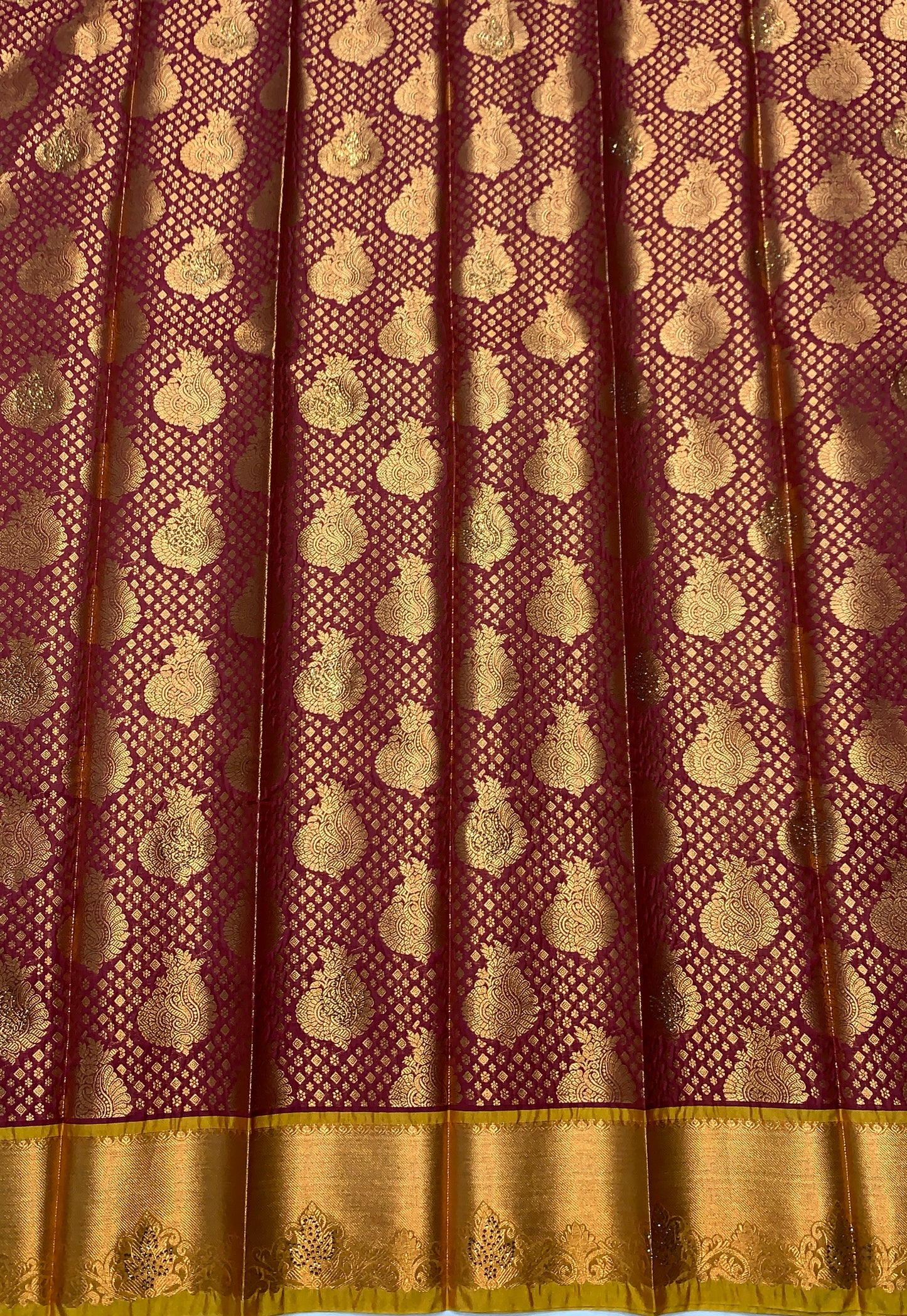 Vegan Silk Saree Maroon Colour with Copper and Golden Yellow Border