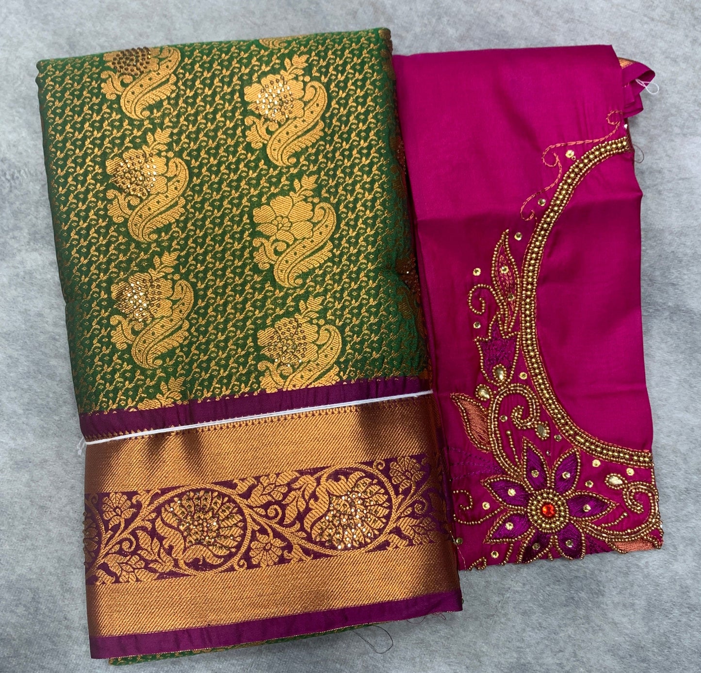 Bridal Vegan Silk Saree Green shade with Purple Border with Unstitched blouse in Aari Work