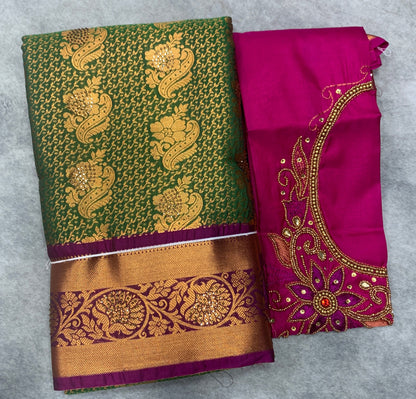 Bridal Vegan Silk Saree Green shade with Purple Border with Unstitched blouse in Aari Work